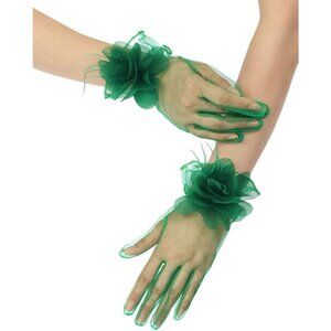 Women's Tulle Floral Short Green Gloves Flower Design Tea Party Accessories